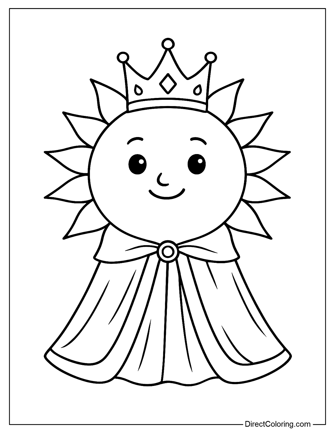 coloring page of the Sun wearing a crown and royal robes, medium detail
